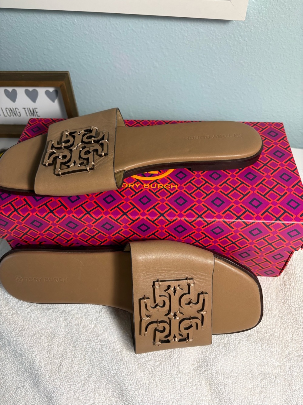 Tory Burch Tan Leather Logo Slide Sandals
